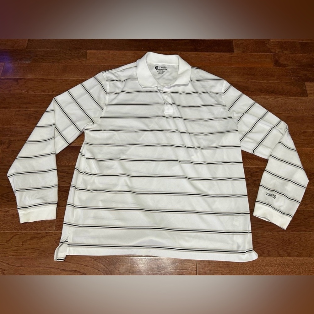 Izod XFG Golf LS White Polo with Black Stripes
